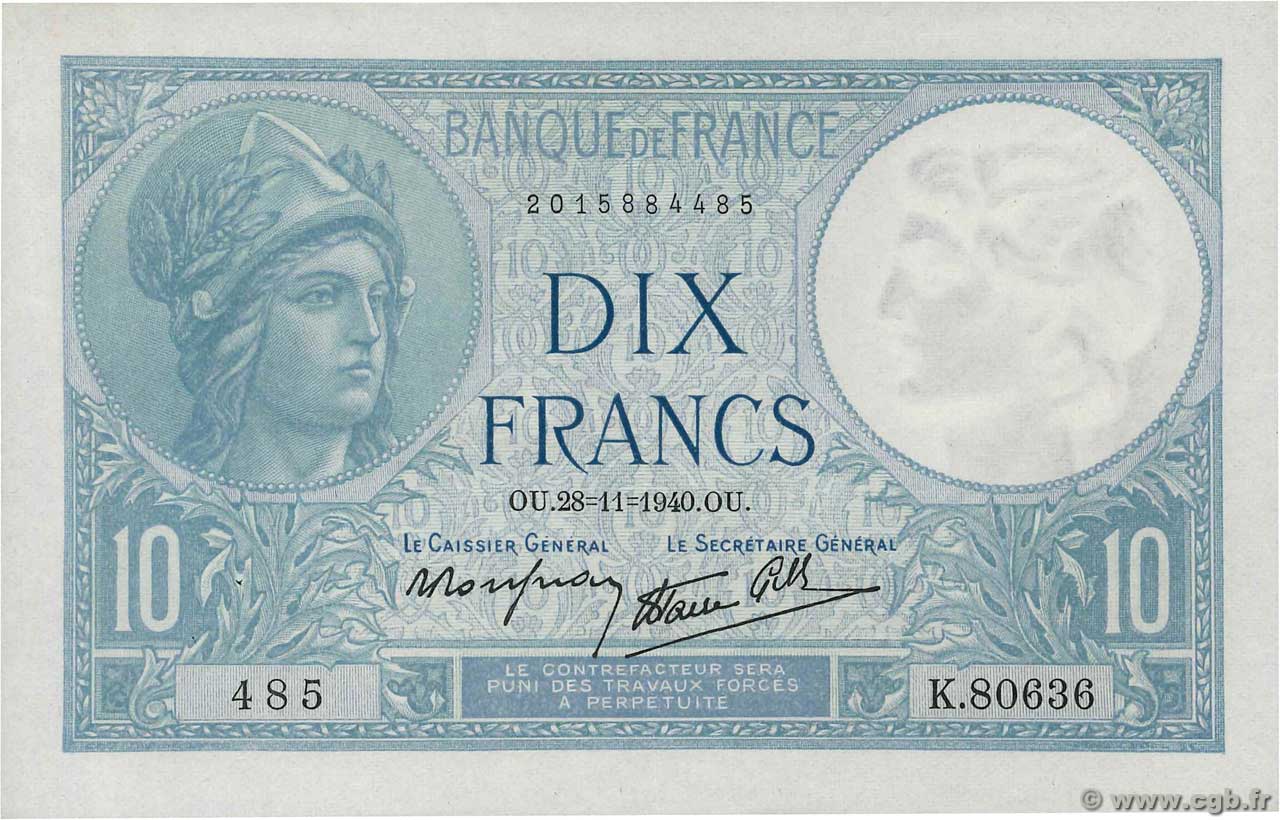 10 Francs MINERVE modifié FRANCE  1940 F.07.22 SUP+