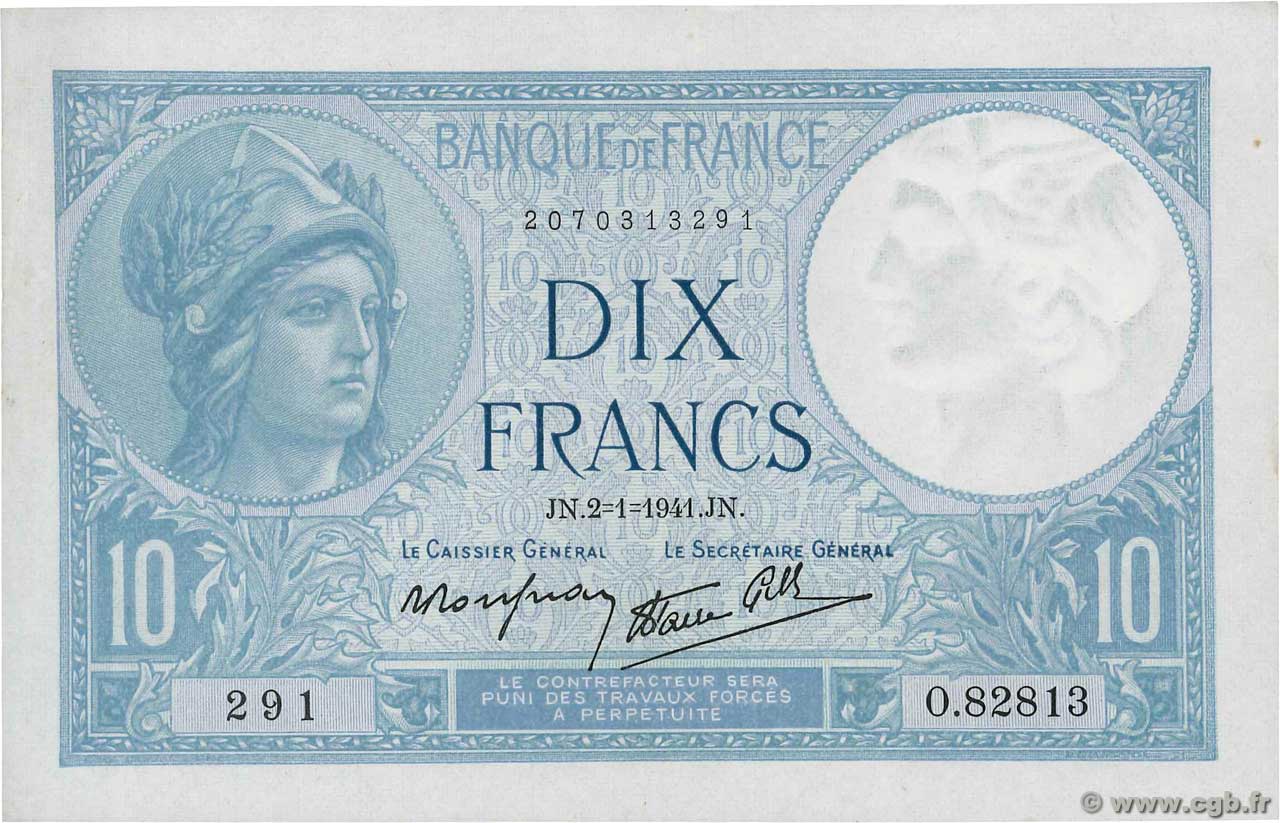 10 Francs MINERVE modifié FRANCE  1941 F.07.26 XF+