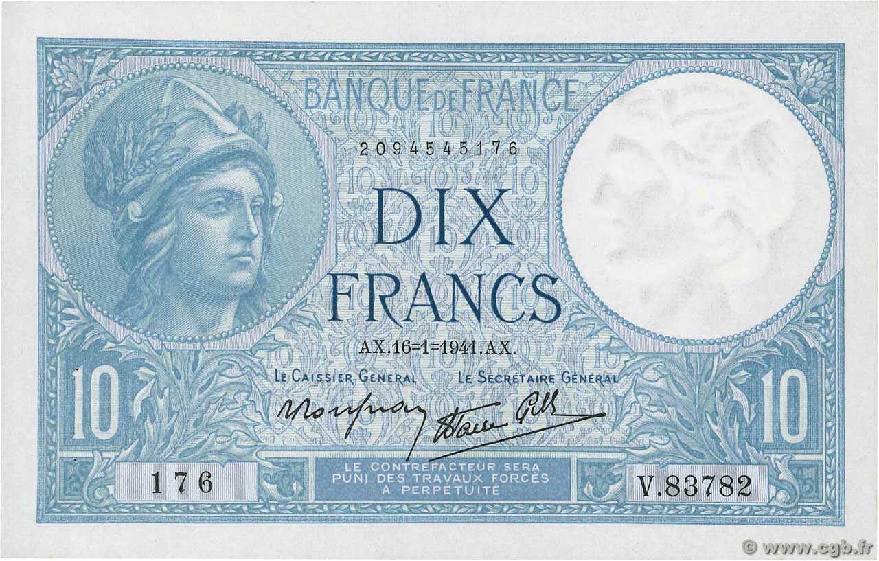 10 Francs MINERVE modifié FRANCE  1941 F.07.28 SPL