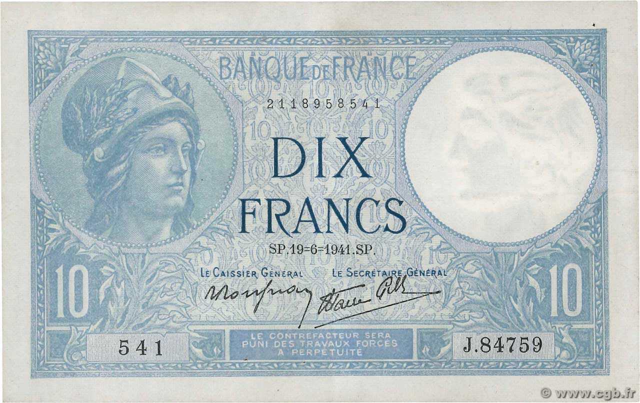 10 Francs MINERVE modifié FRANKREICH  1941 F.07.29 VZ+