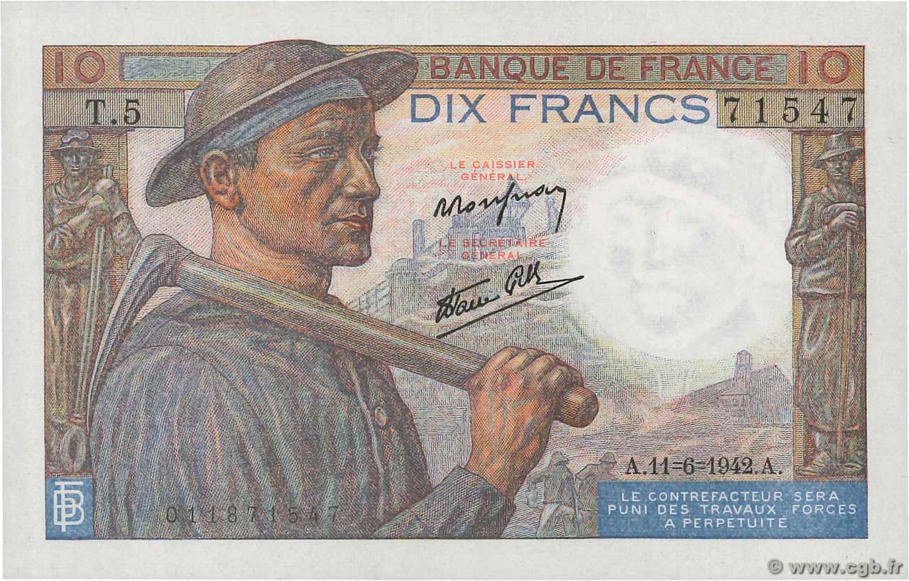10 Francs MINEUR FRANKREICH  1942 F.08.03 fST+
