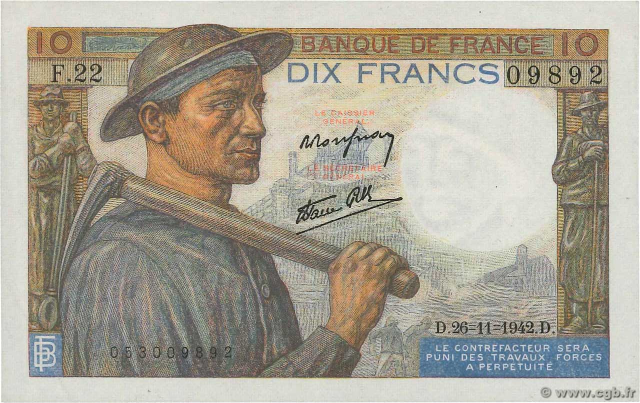 10 Francs MINEUR FRANKREICH  1942 F.08.06 fST