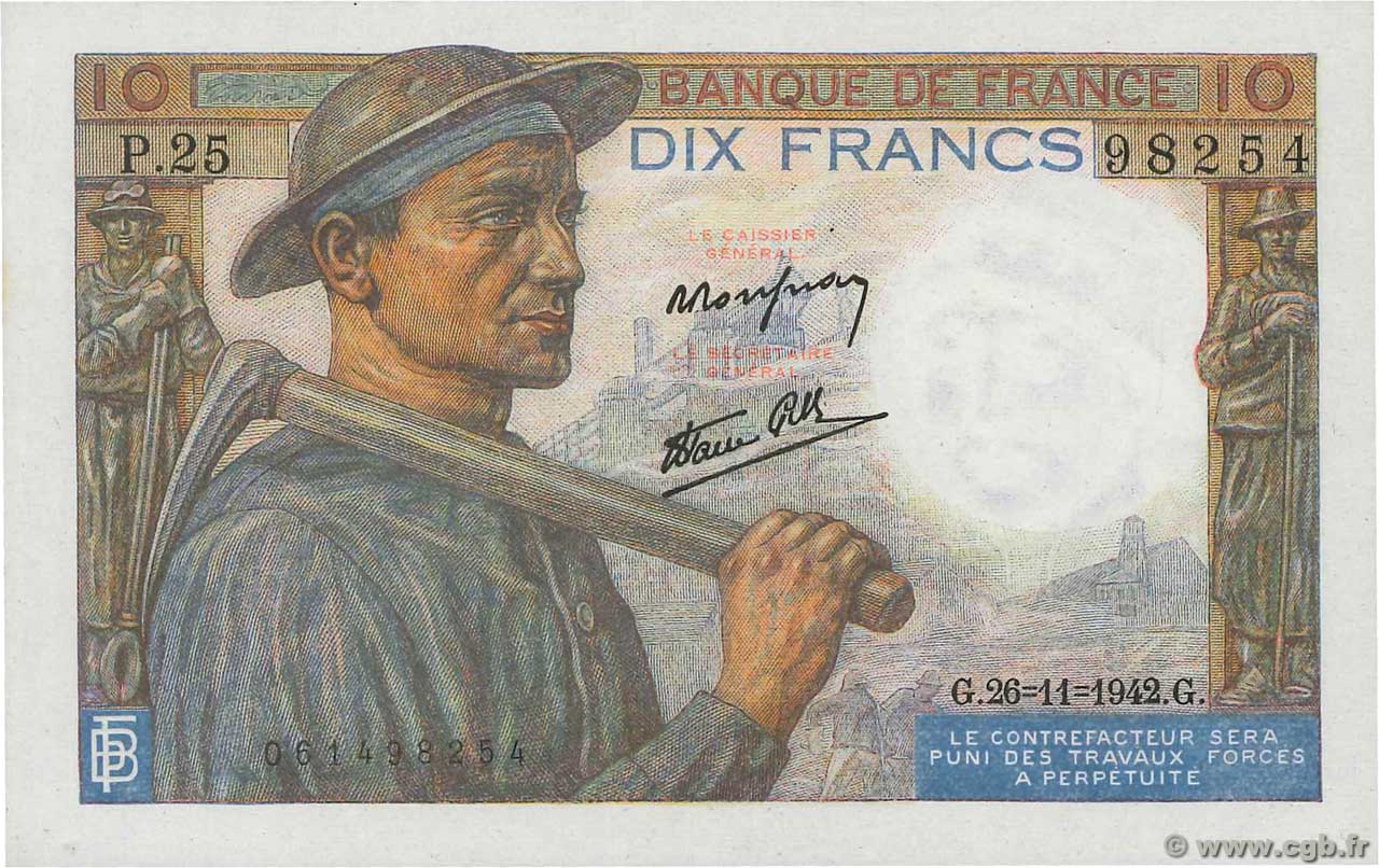 10 Francs MINEUR FRANKREICH  1942 F.08.06 fST+