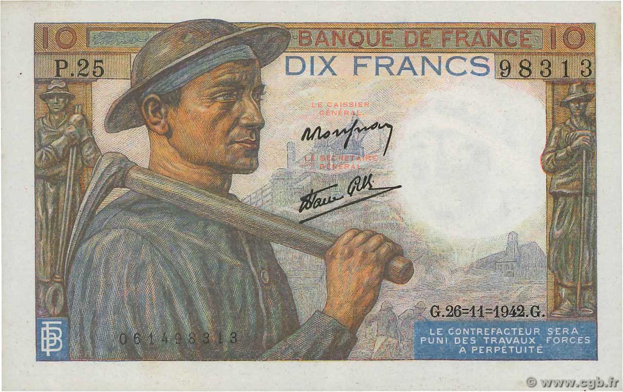 10 Francs MINEUR FRANCE  1942 F.08.06 UNC-