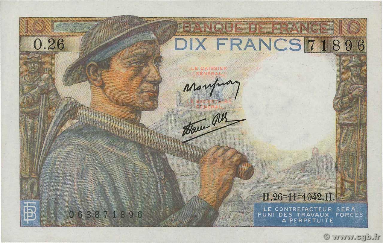 10 Francs MINEUR FRANCE  1942 F.08.06 XF+