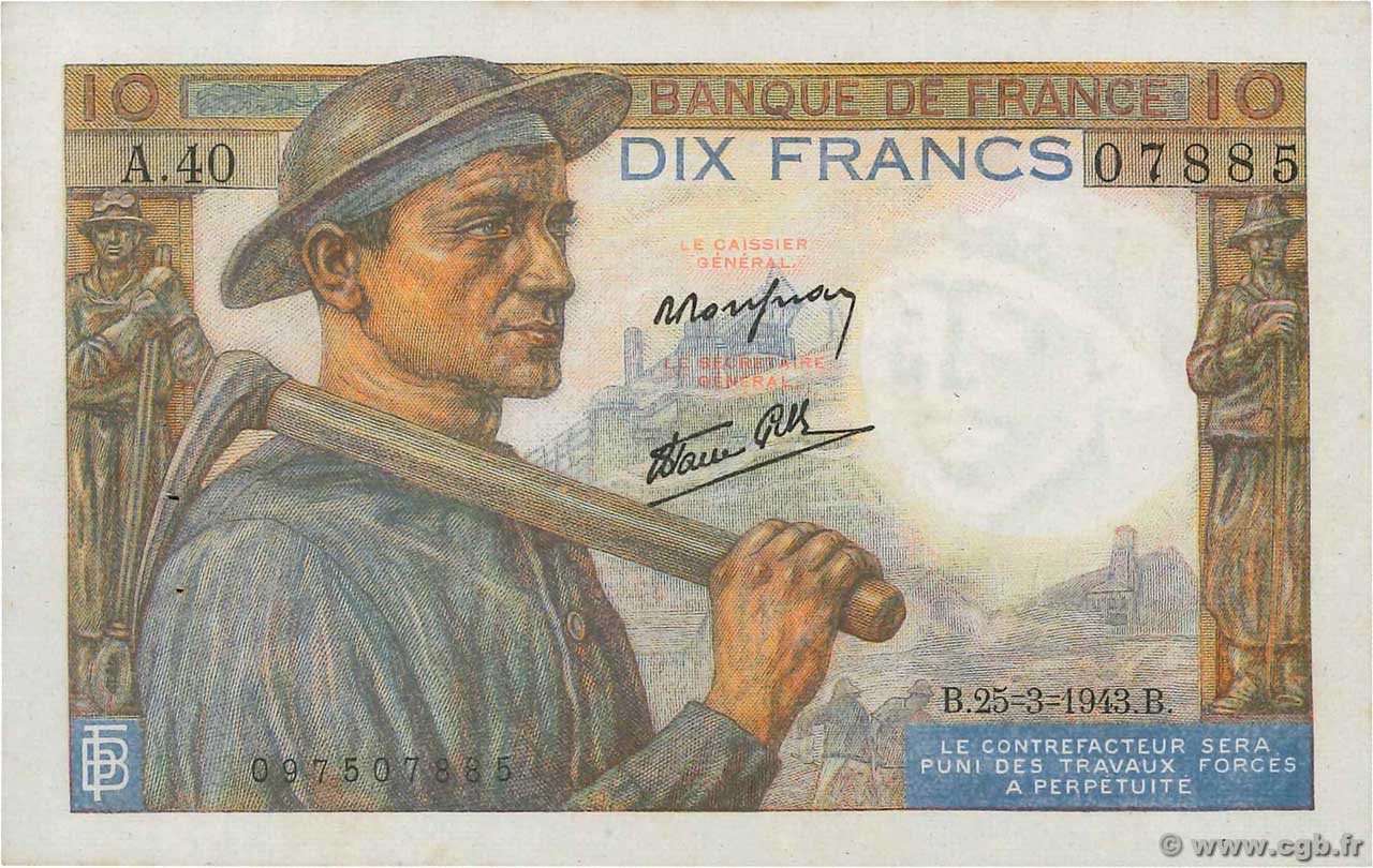 10 Francs MINEUR FRANKREICH  1943 F.08.08 VZ+