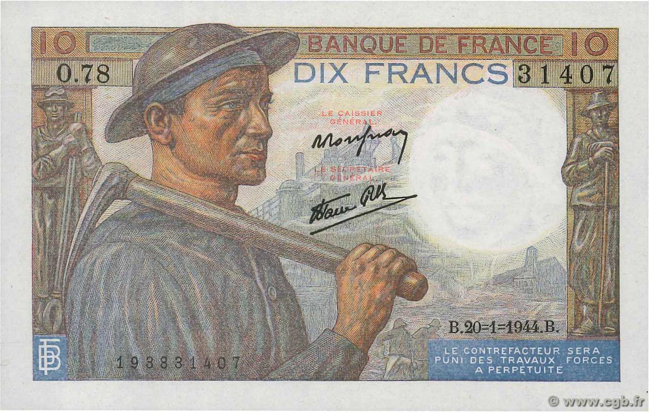 10 Francs MINEUR FRANCIA  1944 F.08.11 q.FDC