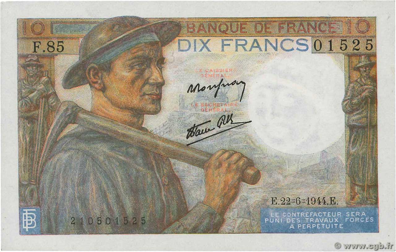 10 Francs MINEUR FRANCIA  1944 F.08.12 q.FDC