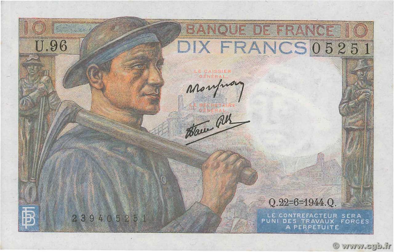 10 Francs MINEUR FRANCE  1944 F.08.12 NEUF