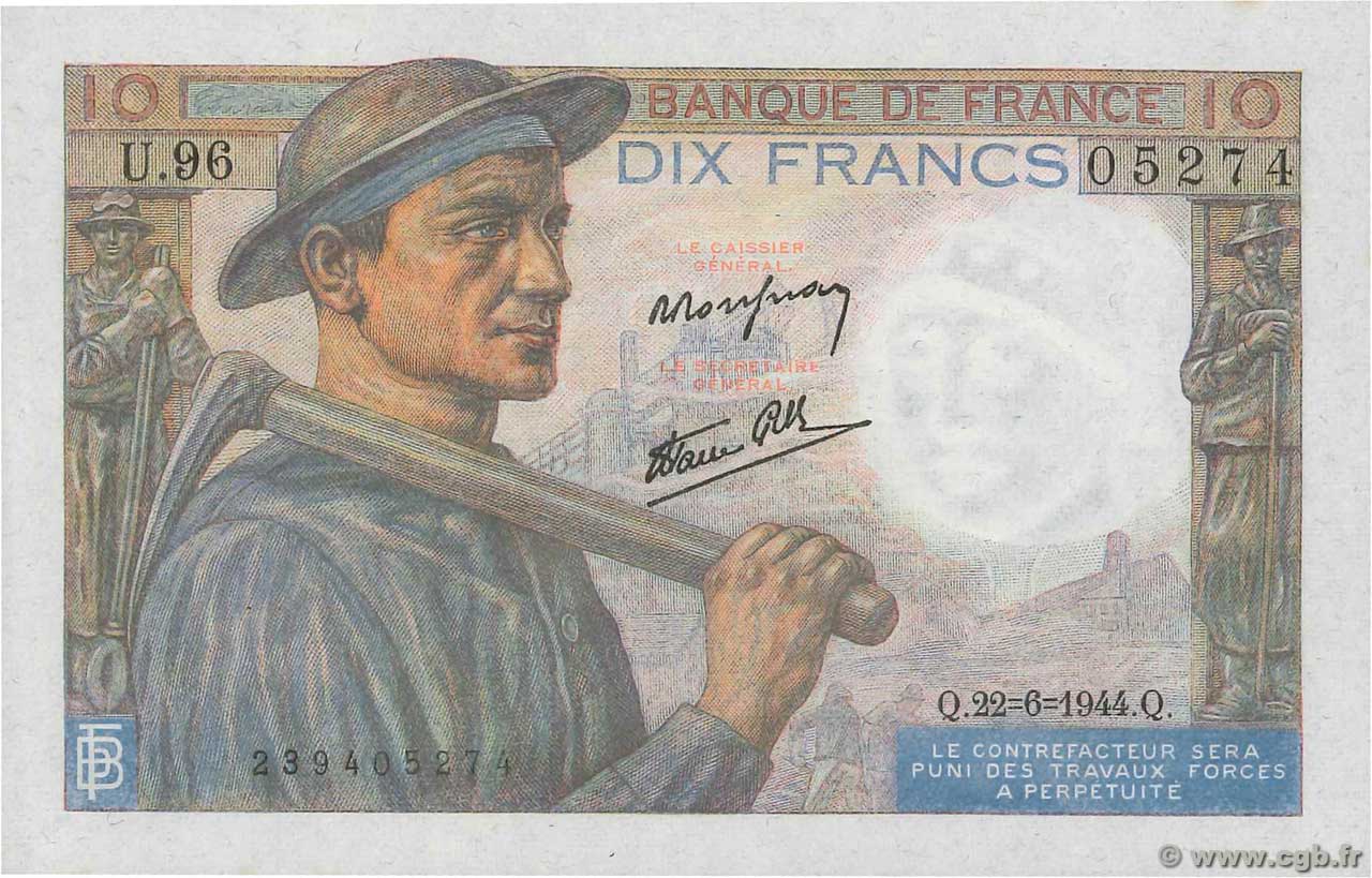 10 Francs MINEUR FRANCIA  1944 F.08.12 FDC