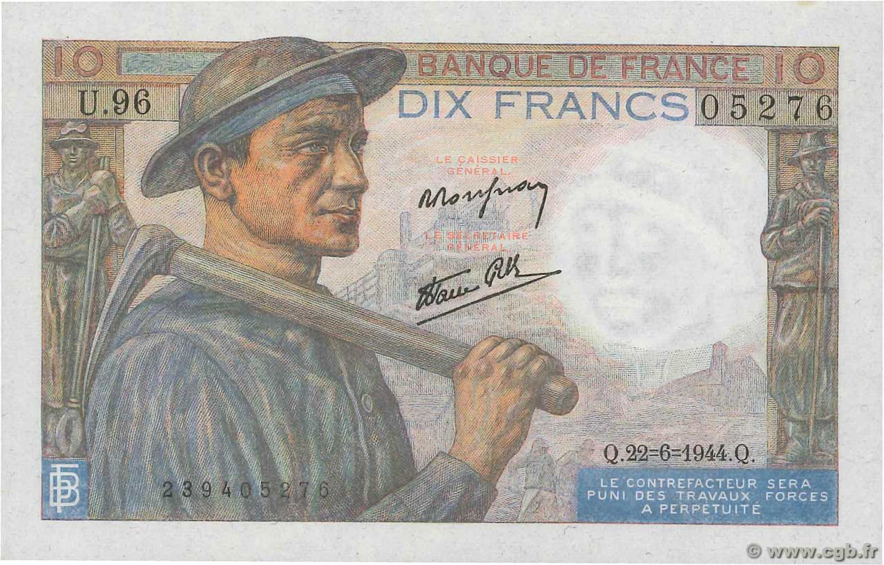 10 Francs MINEUR FRANKREICH  1944 F.08.12 ST