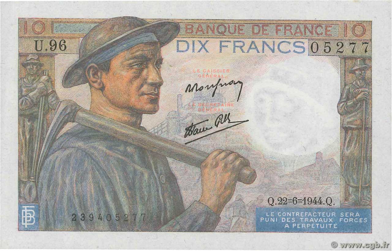 10 Francs MINEUR FRANCIA  1944 F.08.12 FDC