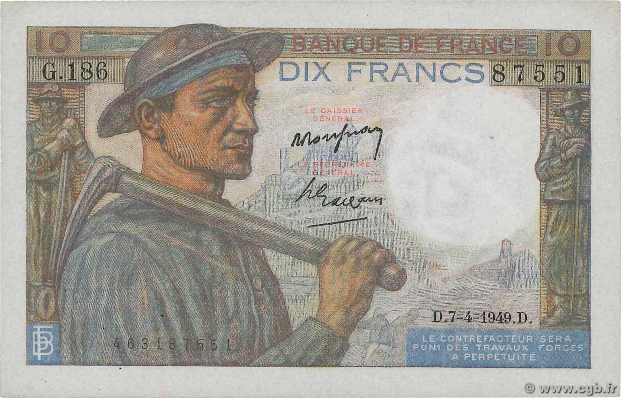 10 Francs MINEUR FRANCIA  1949 F.08.21 q.FDC