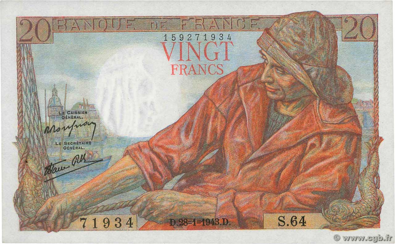 20 Francs PÊCHEUR FRANCIA  1943 F.13.05 SC