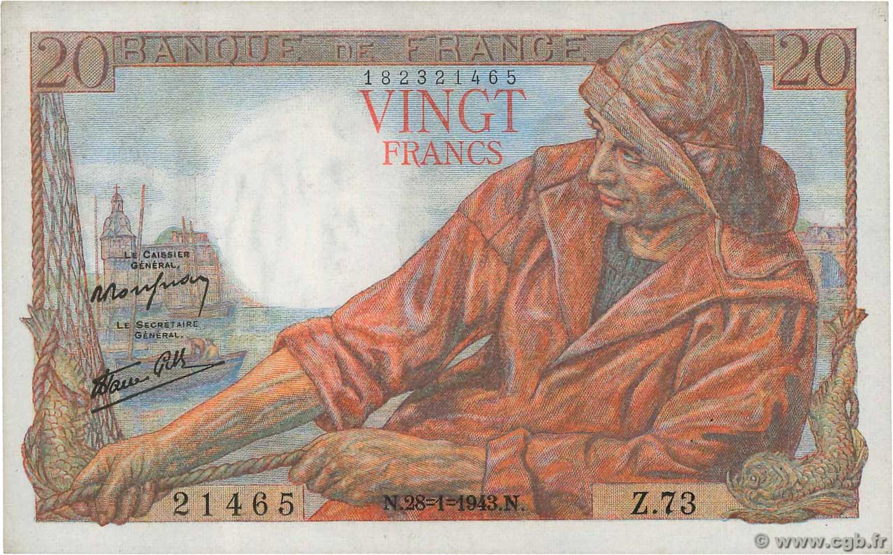20 Francs PÊCHEUR FRANCE  1943 F.13.05 UNC-