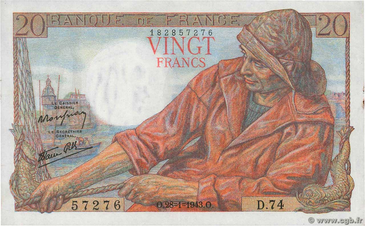 20 Francs PÊCHEUR FRANCE  1943 F.13.05 pr.SPL