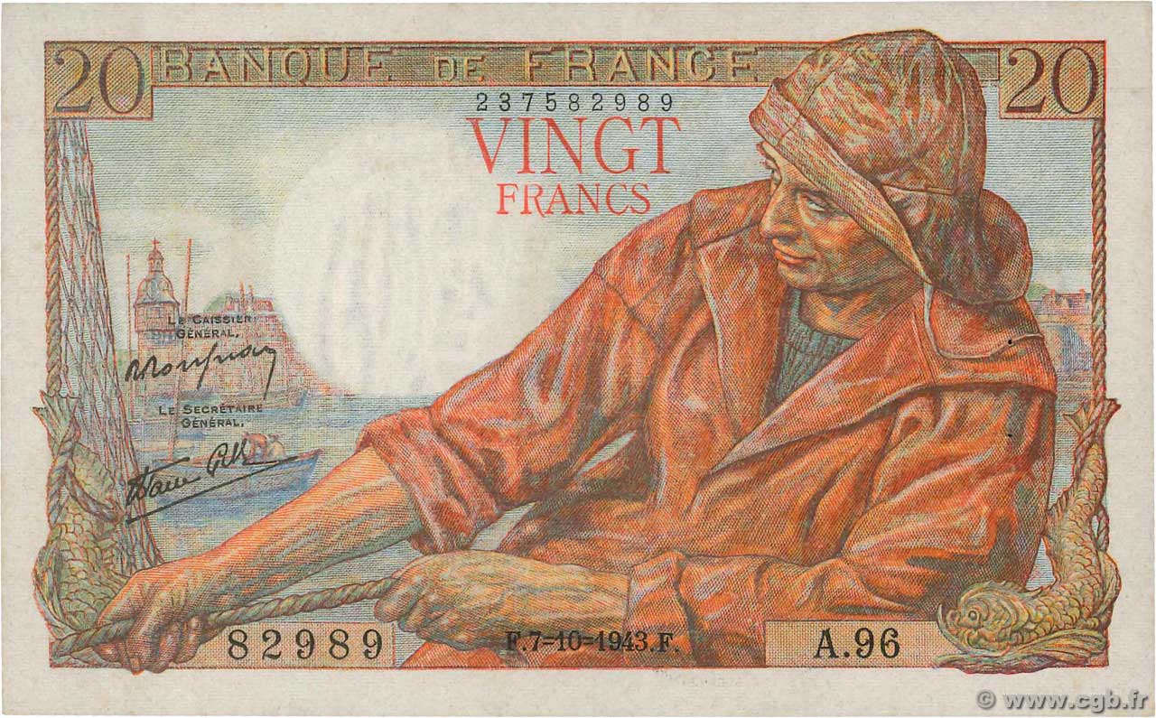 20 Francs PÊCHEUR FRANCE  1943 F.13.07 SUP+