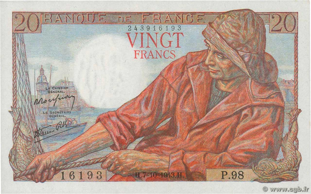 20 Francs PÊCHEUR FRANCIA  1943 F.13.07 q.FDC