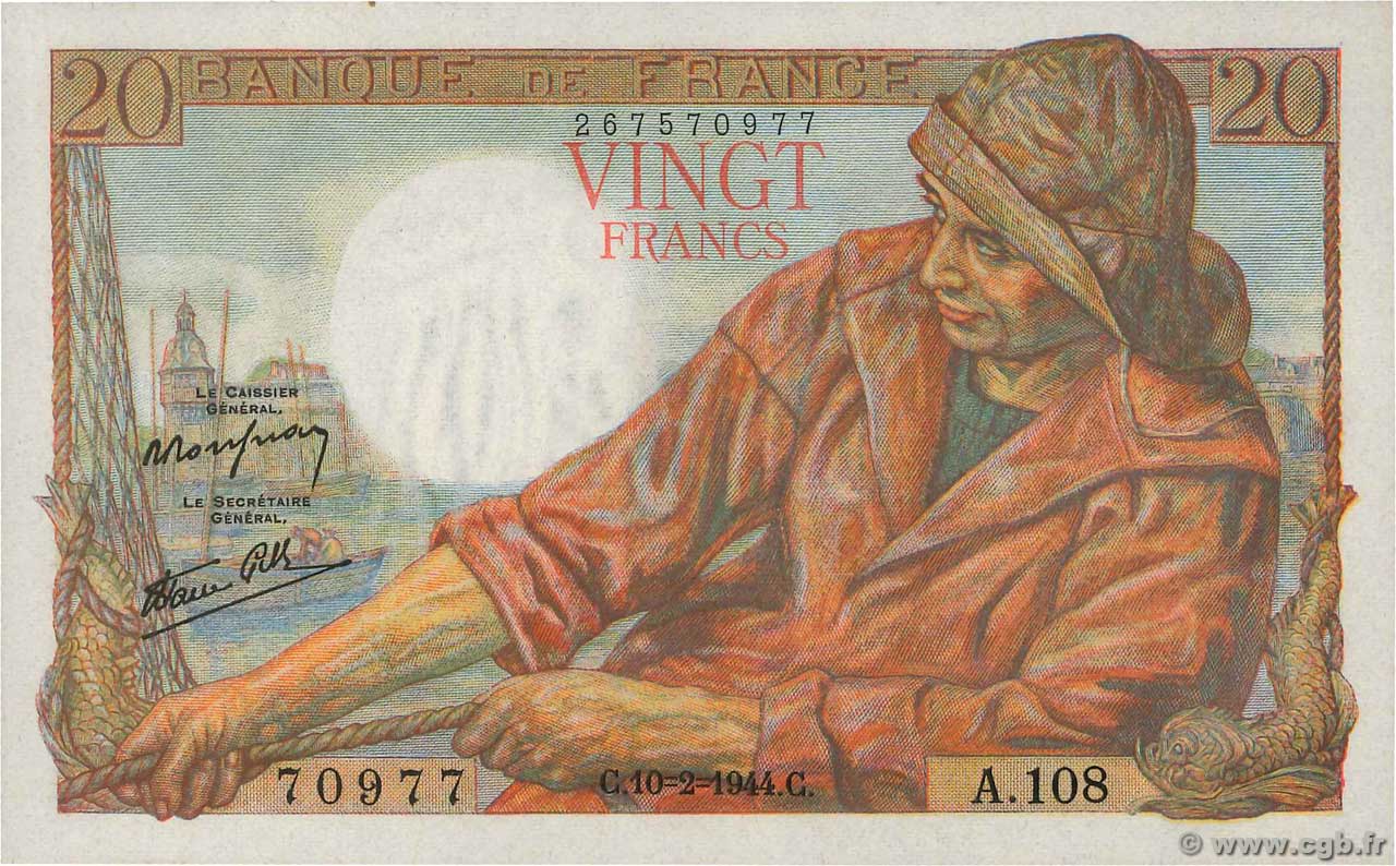 20 Francs PÊCHEUR FRANKREICH  1944 F.13.08 fST+