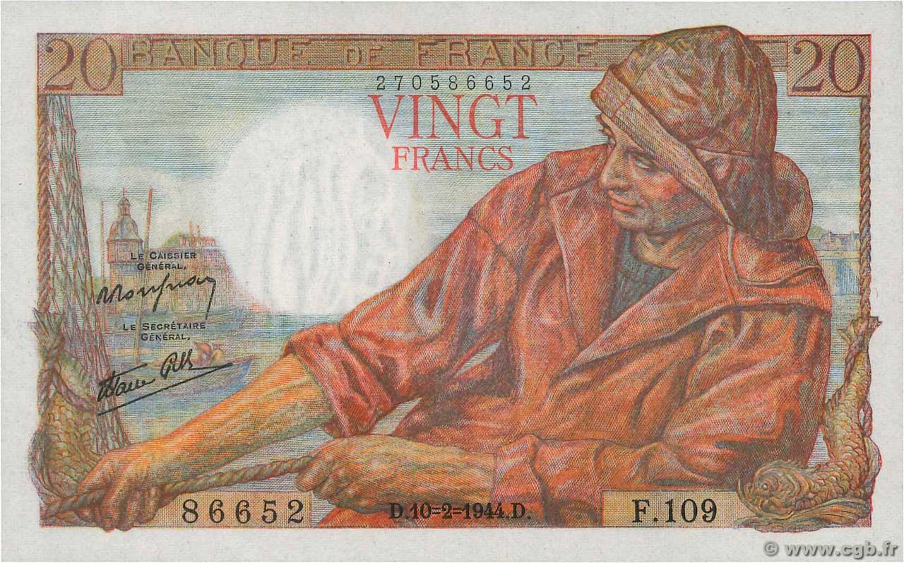 20 Francs PÊCHEUR FRANCIA  1944 F.13.08 q.FDC