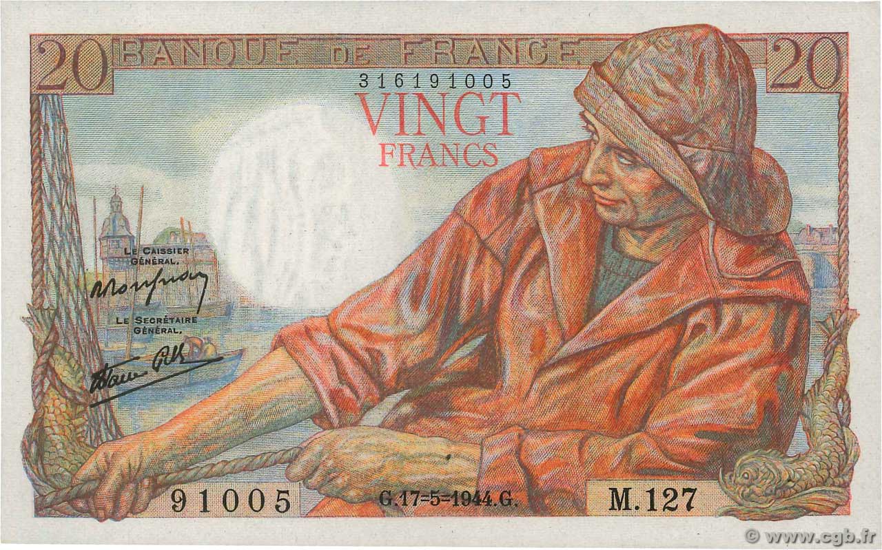 20 Francs PÊCHEUR FRANKREICH  1944 F.13.09 fST+