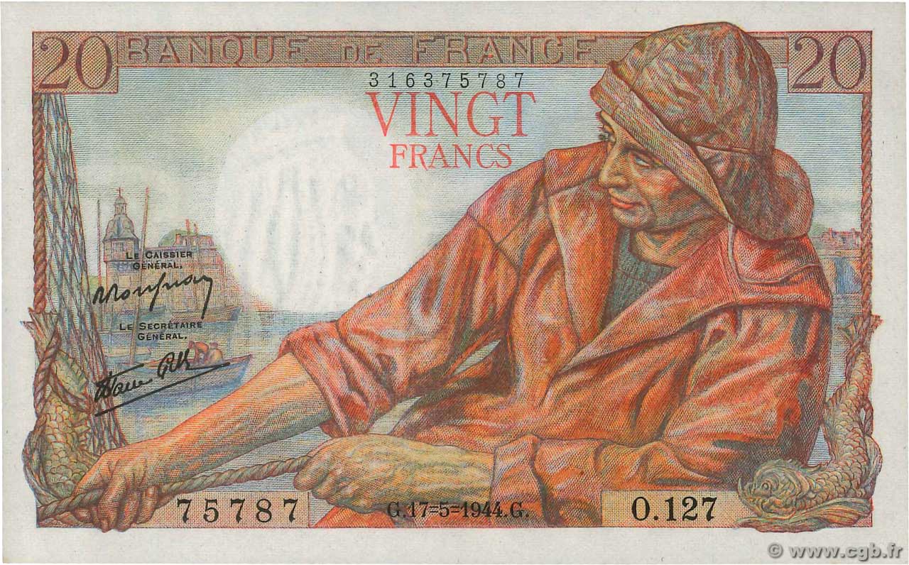 20 Francs PÊCHEUR FRANCIA  1944 F.13.09 FDC