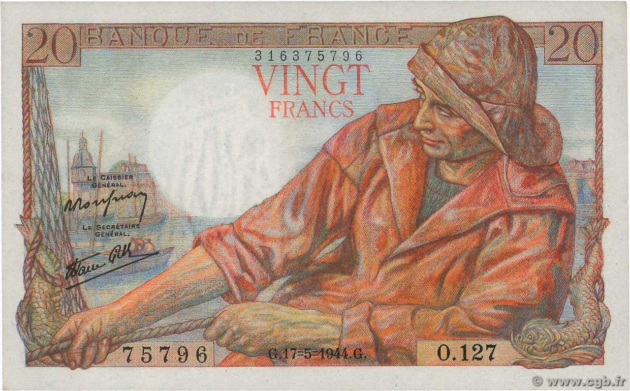 20 Francs PÊCHEUR FRANKREICH  1944 F.13.09 fST+