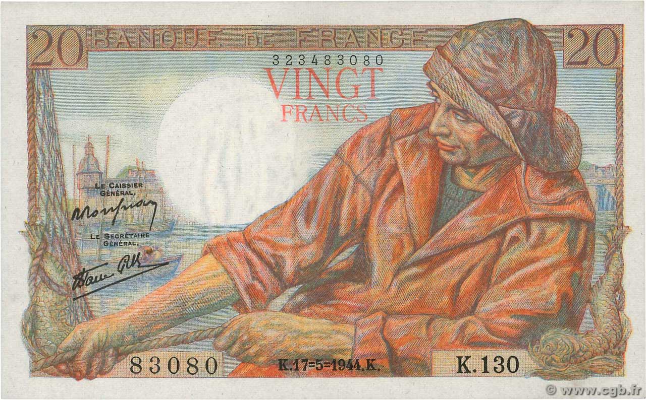 20 Francs PÊCHEUR FRANCIA  1944 F.13.09 q.FDC
