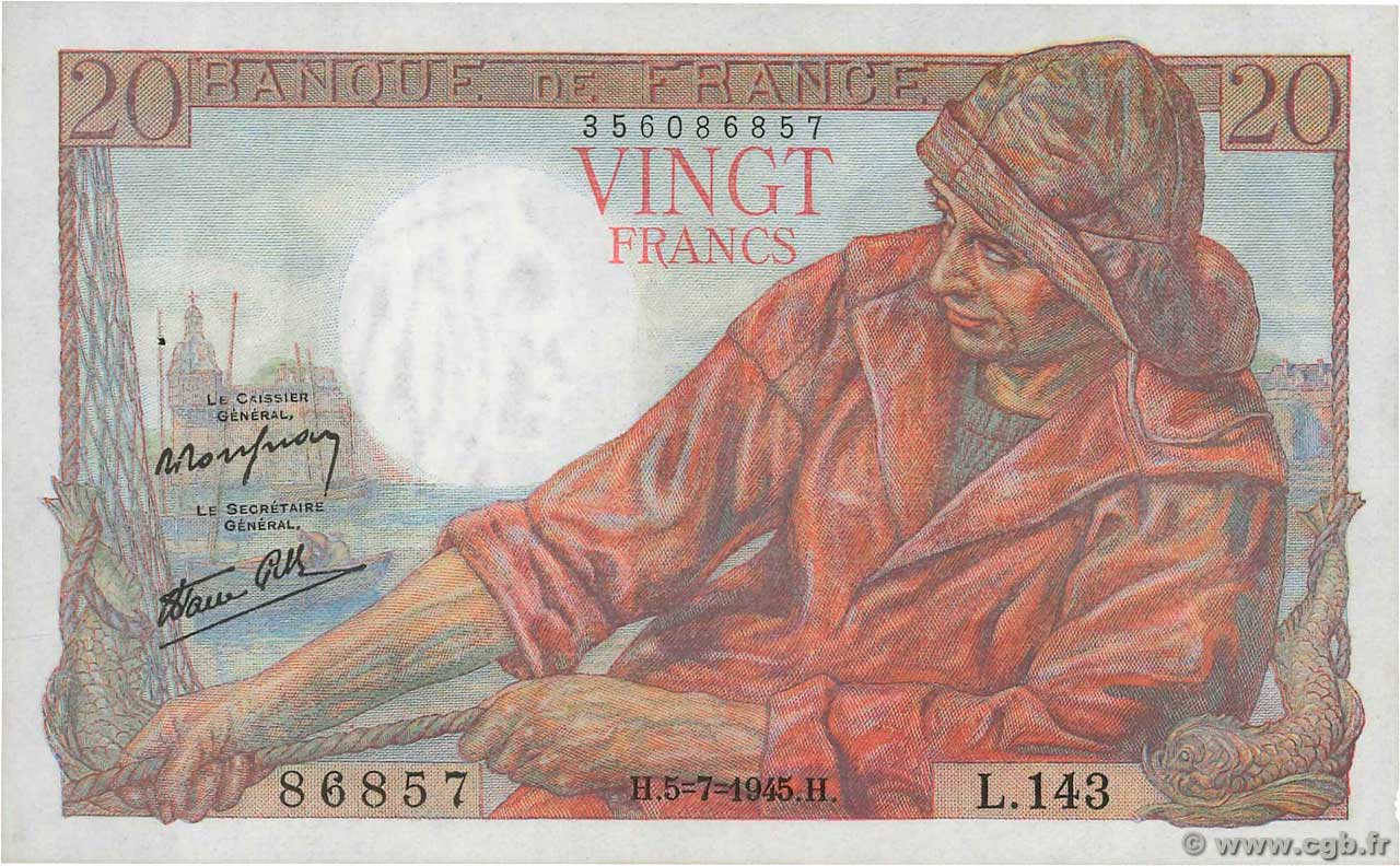 20 Francs PÊCHEUR FRANKREICH  1945 F.13.10 fST