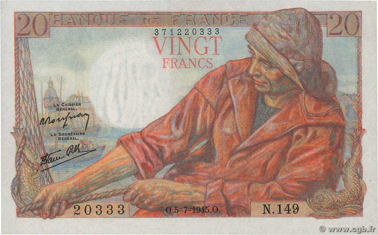20 Francs PÊCHEUR FRANCE  1945 F.13.10 pr.SPL