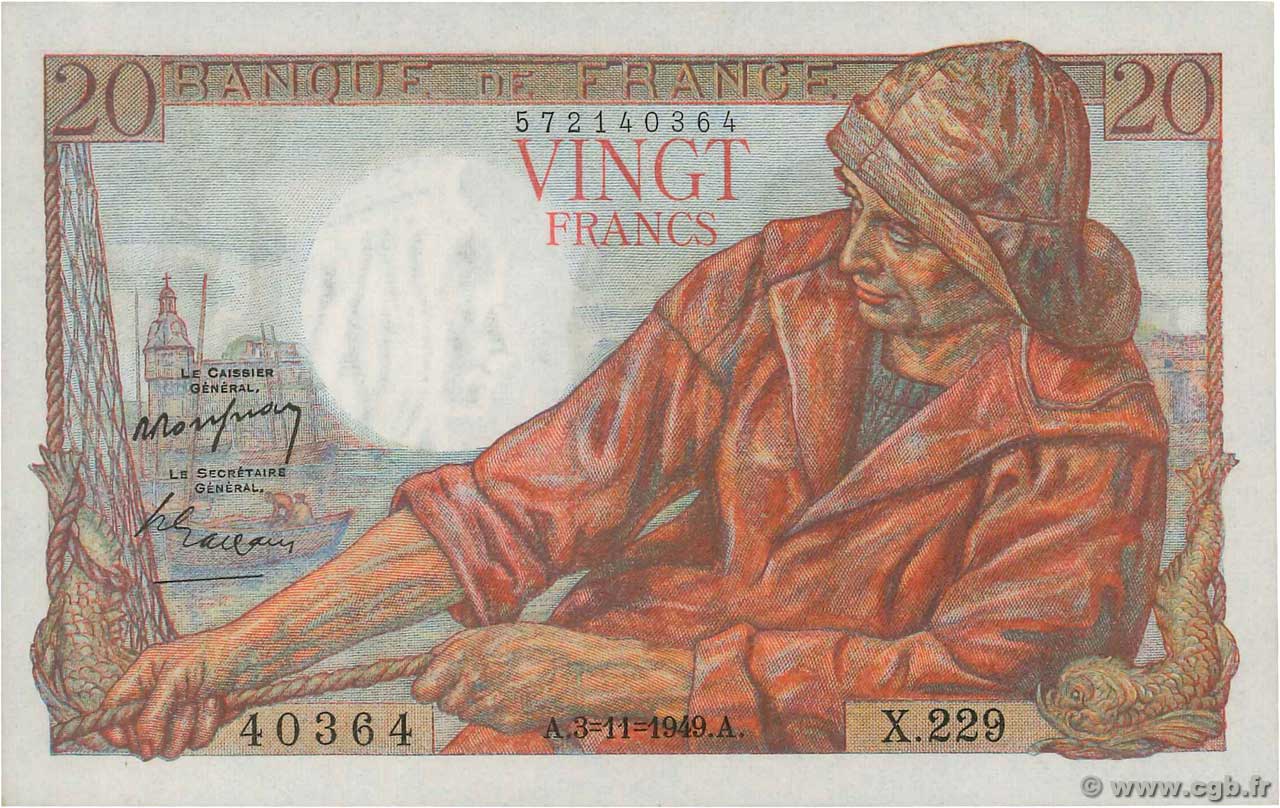 20 Francs PÊCHEUR FRANCE  1949 F.13.16 UNC-