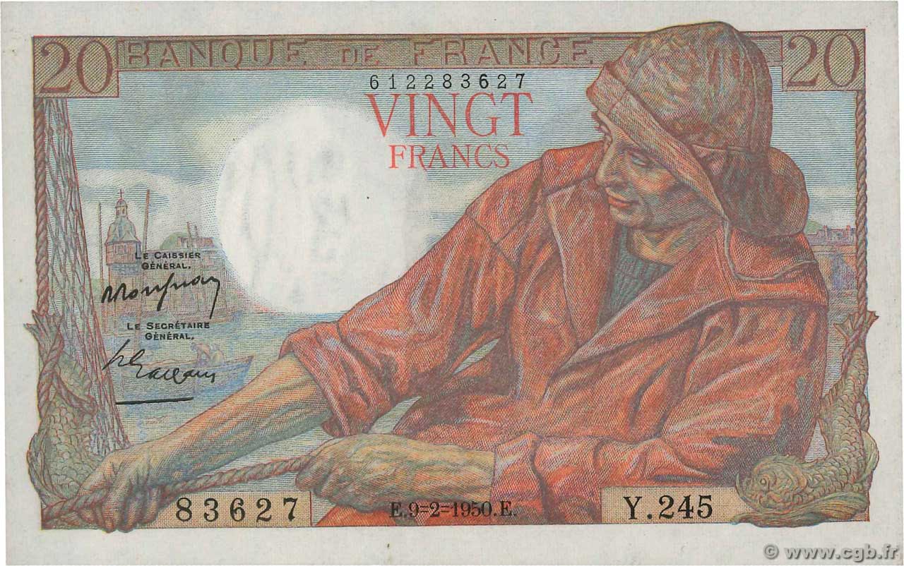 20 Francs PÊCHEUR FRANKREICH  1950 F.13.17 fST+