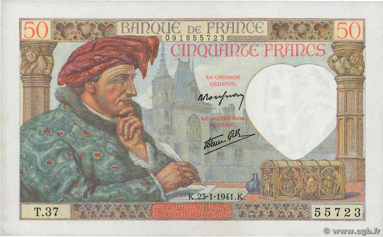 50 Francs JACQUES CŒUR FRANCE  1941 F.19.05 pr.NEUF