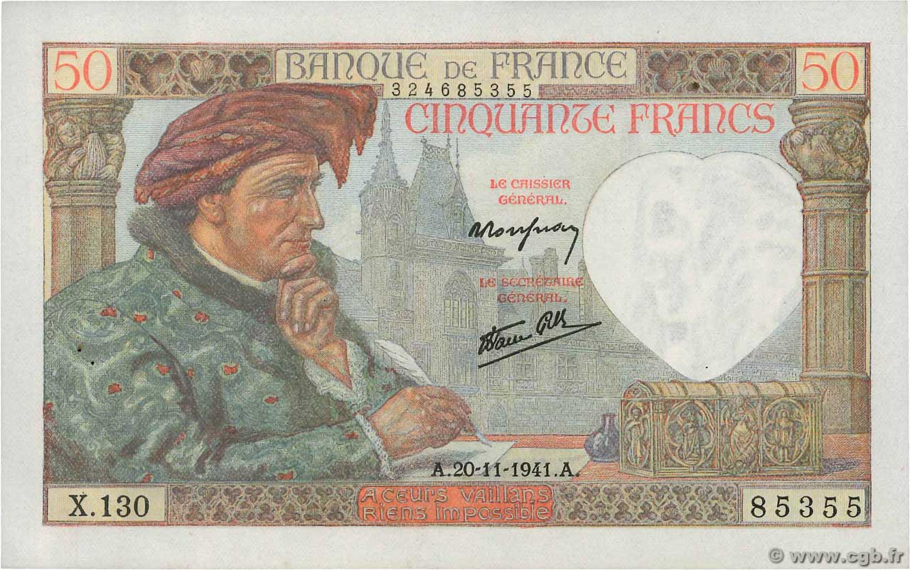 50 Francs JACQUES CŒUR FRANCE  1941 F.19.16 SUP+