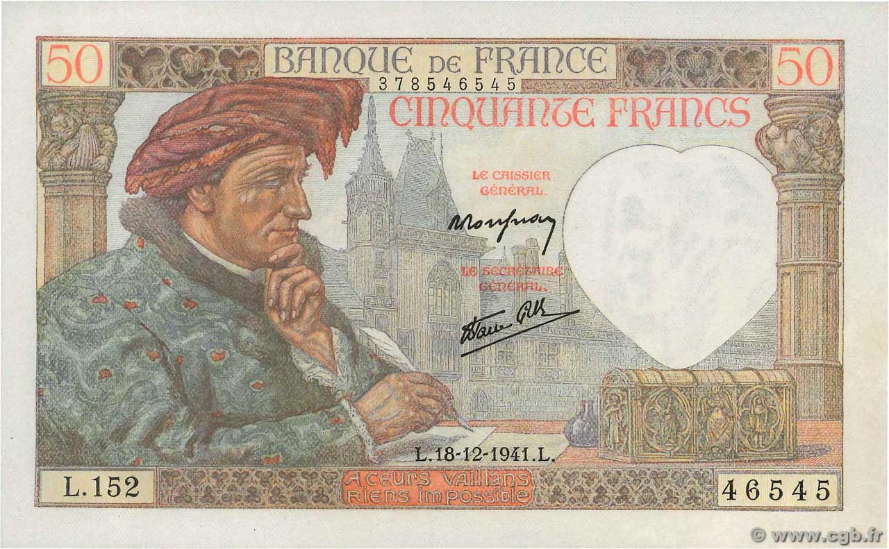 50 Francs JACQUES CŒUR FRANKREICH  1941 F.19.17 fST+