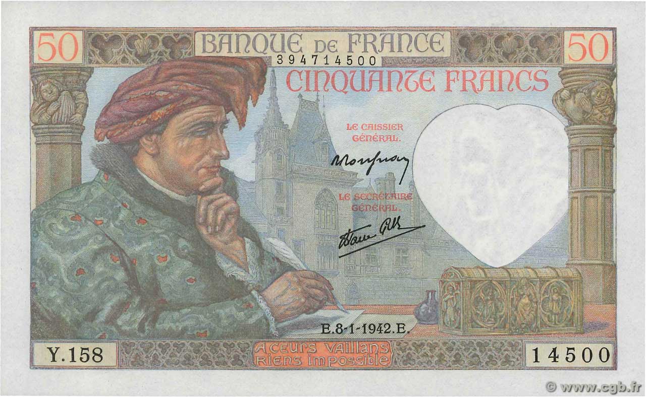 50 Francs JACQUES CŒUR FRANCE  1942 F.19.18 UNC-