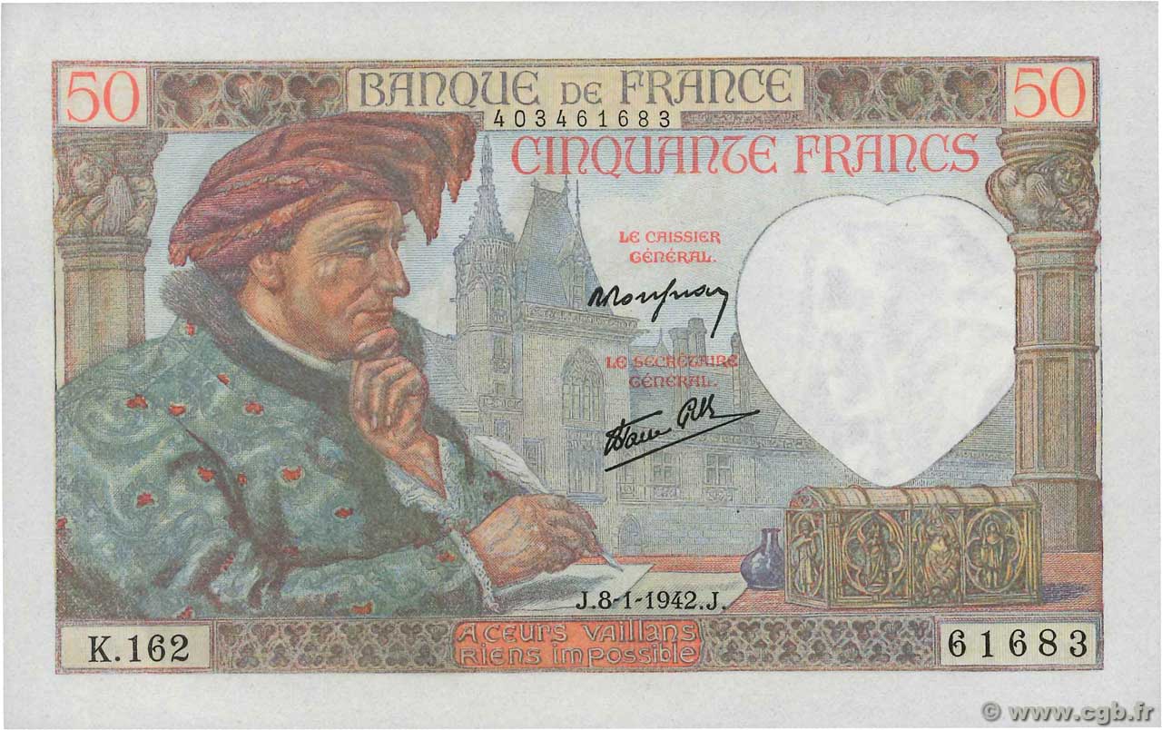 50 Francs JACQUES CŒUR FRANKREICH  1942 F.19.18 fST+