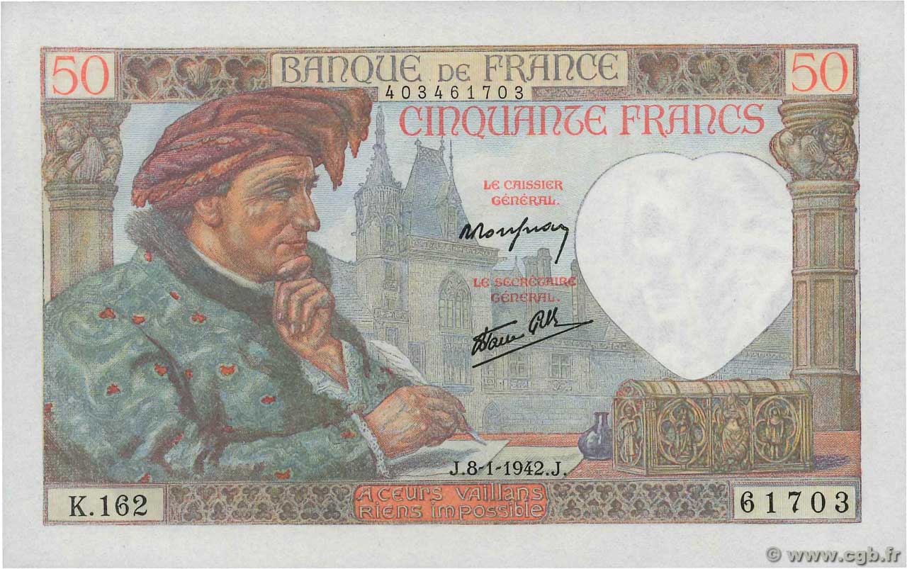 50 Francs JACQUES CŒUR FRANKREICH  1942 F.19.18 fST+