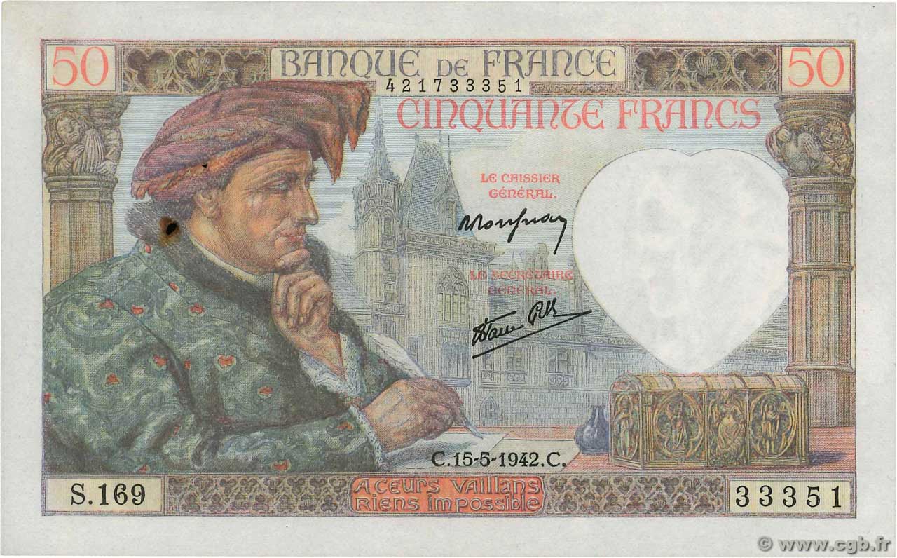 50 Francs JACQUES CŒUR FRANCE  1942 F.19.20 pr.SUP
