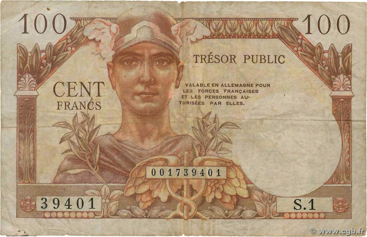 100 Francs TRÉSOR PUBLIC FRANCE  1955 VF.34.01 F+