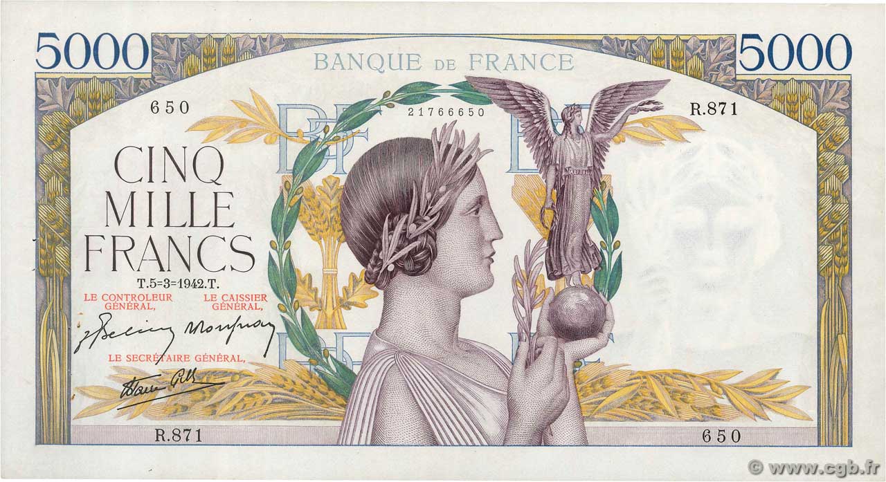 5000 Francs VICTOIRE Impression à plat FRANCE  1942 F.46.34 XF