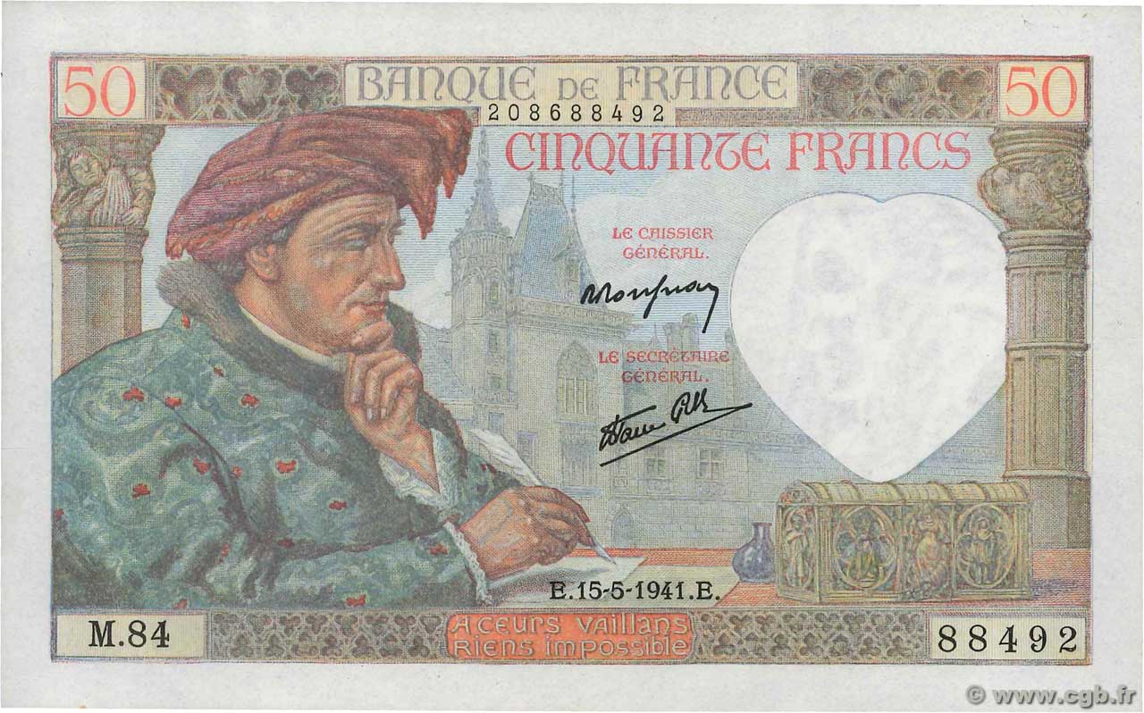 50 Francs JACQUES CŒUR FRANCIA  1941 F.19.11 q.FDC