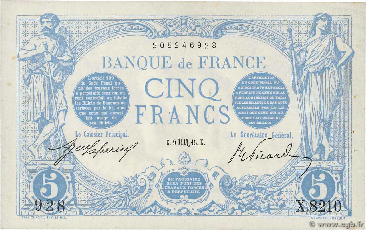 5 Francs BLEU FRANCE  1915 F.02.32 SUP+