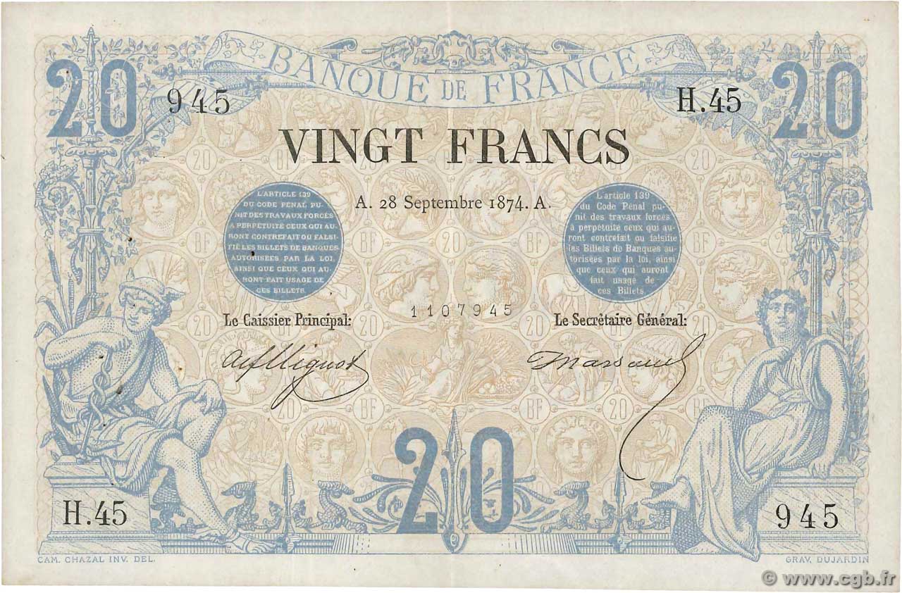 20 Francs NOIR FRANCE  1874 F.09.01 TTB