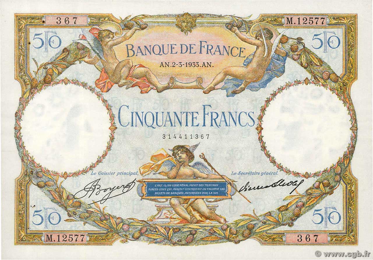 50 Francs LUC OLIVIER MERSON type modifié FRANKREICH  1933 F.16.04 VZ