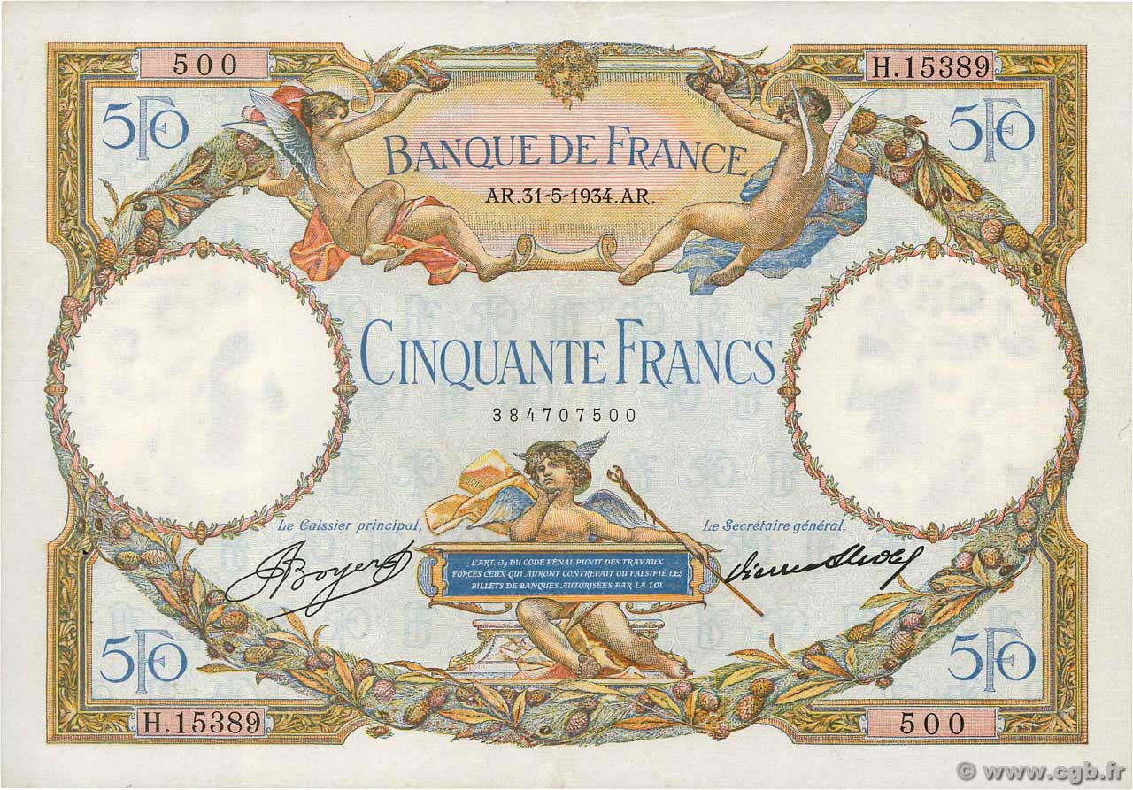 50 Francs LUC OLIVIER MERSON type modifié FRANCIA  1934 F.16.05 MBC+