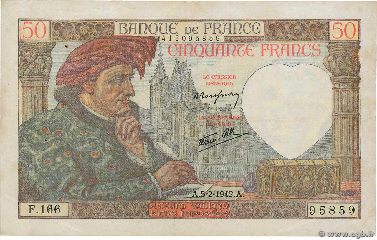 50 Francs JACQUES CŒUR FRANCE  1942 F.19.19 VF+