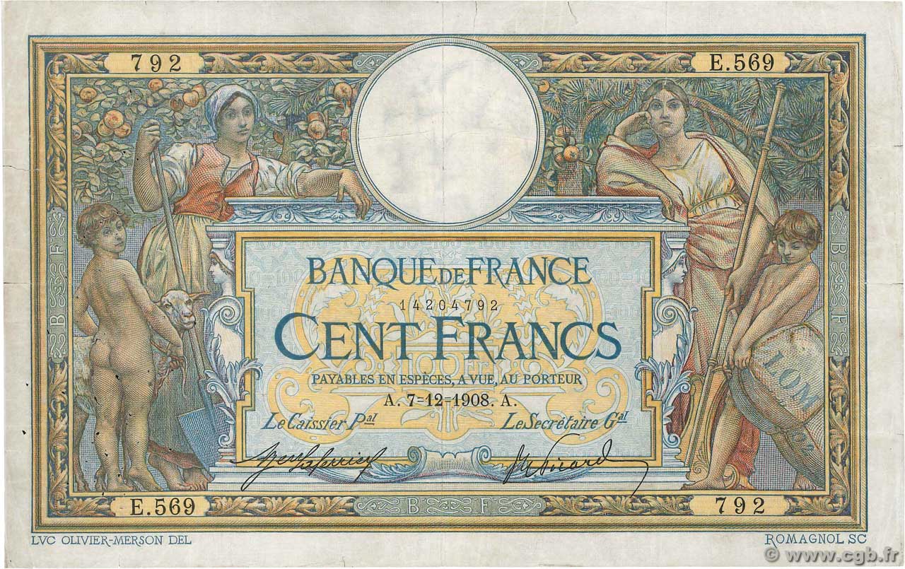 100 Francs LUC OLIVIER MERSON avec LOM FRANCE  1908 F.22.01 F