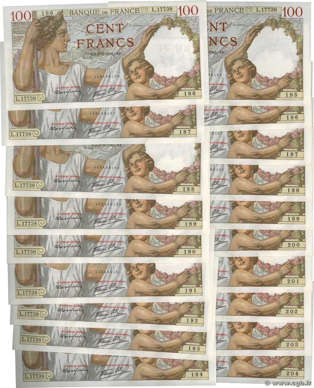 100 Francs SULLY Consécutifs FRANCIA  1941 F.26.44 q.FDC
