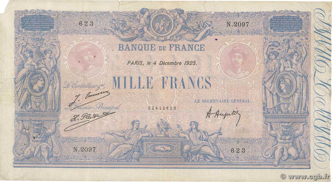 1000 Francs BLEU ET ROSE FRANCE  1925 F.36.41 F+